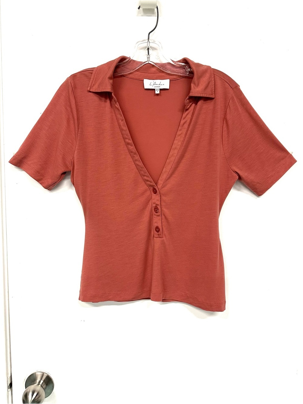Lyocell V-Neck Polo Top L’Academie Rose Pink Short Sleeve Medium